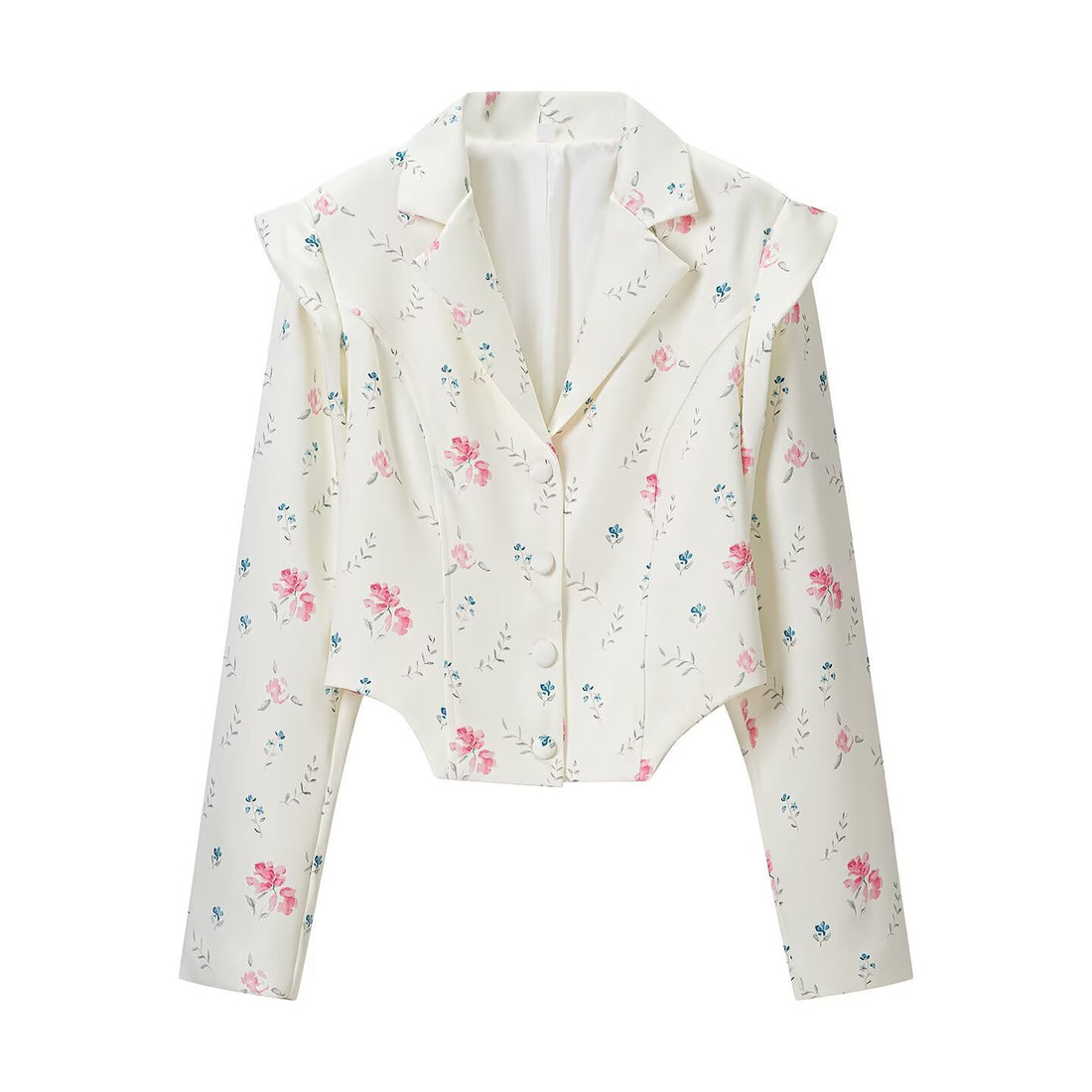 Damen Kurzblazer mit floraler Allover‑Print, taillierter Silhouette und dekorativen Schulterdetails Echoarchiv