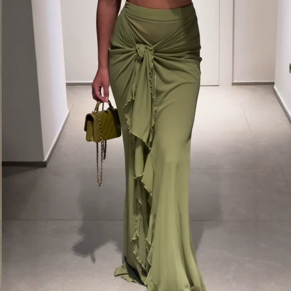 Damen Hochtaillierter Maxi-Rock mit asymmetrischer Raffung, Knotendetail und Volant-Schlitz Echoarchiv
