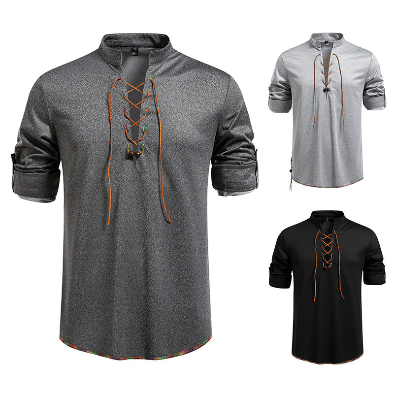 Herren Lässiges Baumwoll-Langarmshirt mit Schnürung, Stehkragen und aufkrempelbaren Ärmeln Echo Archiv