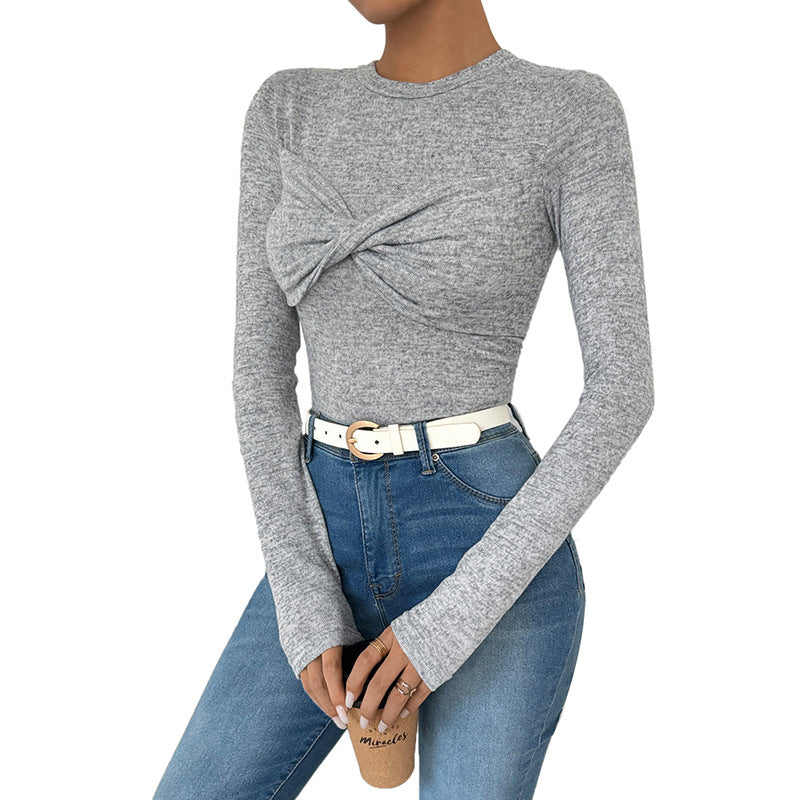 Damen Enganliegendes Langarm-Rippshirt mit Frontknoten und Rundhalsausschnitt Echoarchiv