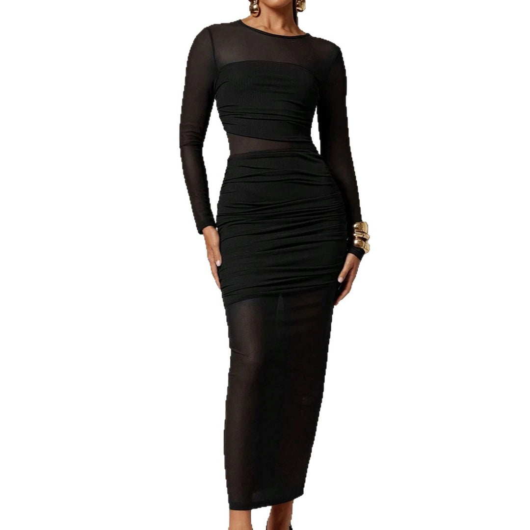 Damen nan schmalgeschnittenes Mesh-Midikleid mit langen Ärmeln, Taillenraffung und semitransparenter Rockbahn Echo Archiv