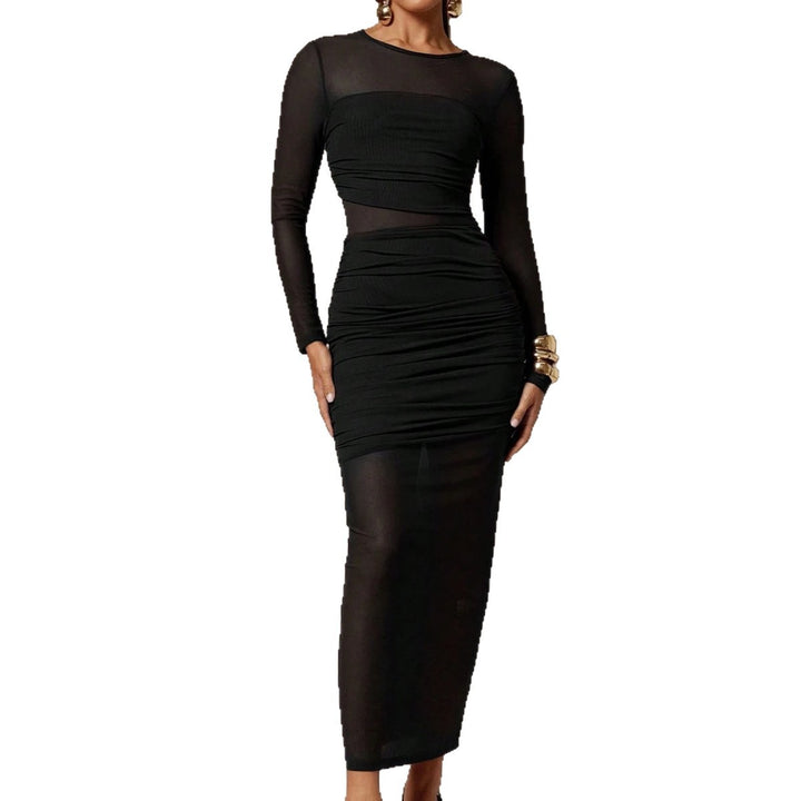 Damen nan schmalgeschnittenes Mesh-Midikleid mit langen Ärmeln, Taillenraffung und semitransparenter Rockbahn Echo Archiv