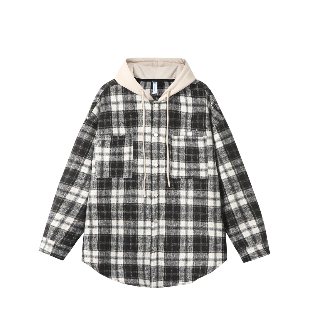 Unisex Oversized Karo-Hemdjacke mit Kapuze, Druckknöpfen und Brusttasche Echoarchiv