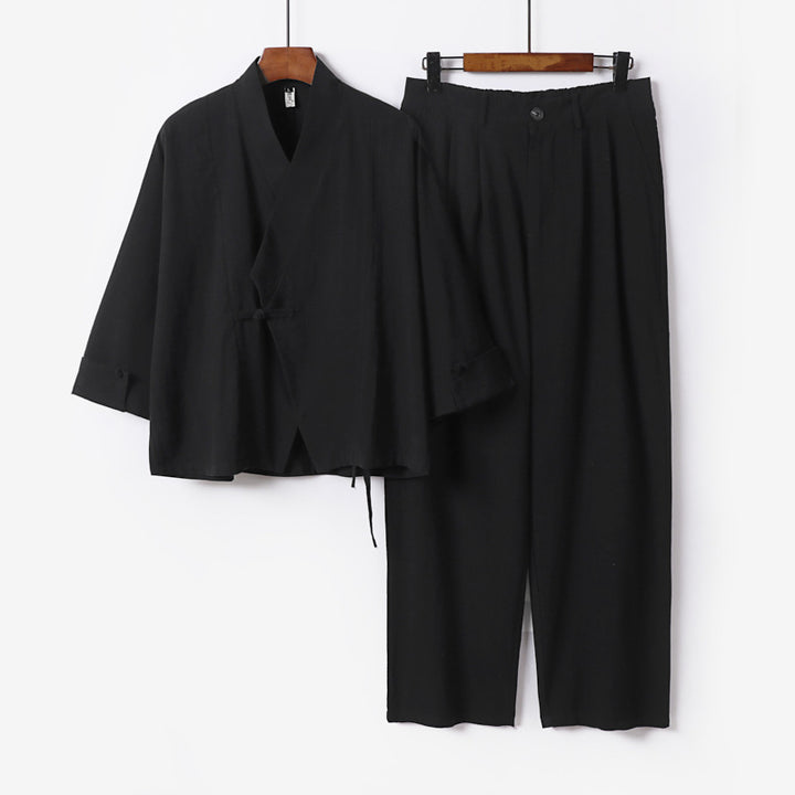 Herren Modernes Zen-Loungewear-Set aus Leichtem Material mit Kurz-Kimono und tailliert-zulaufender Bundhose Echoarchiv
