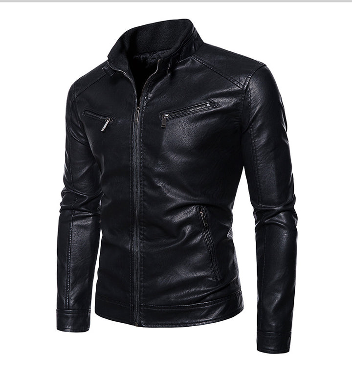Herren Lederjacke mit modernem Stehkragen und innovativen Reißverschlusstaschen Echoarchiv