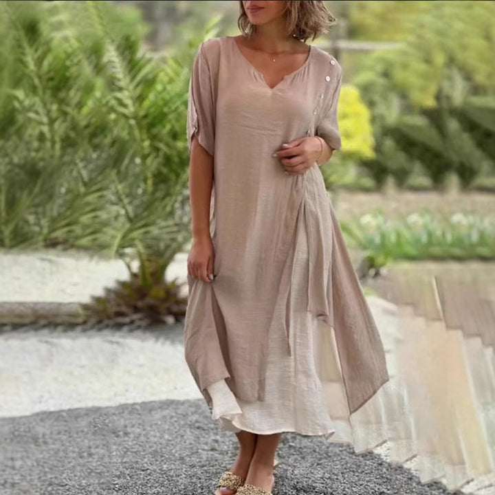 Damen nan zweilagiges Lagenkleid mit asymmetrischem Saum und Zierknopfleiste Echo Archiv