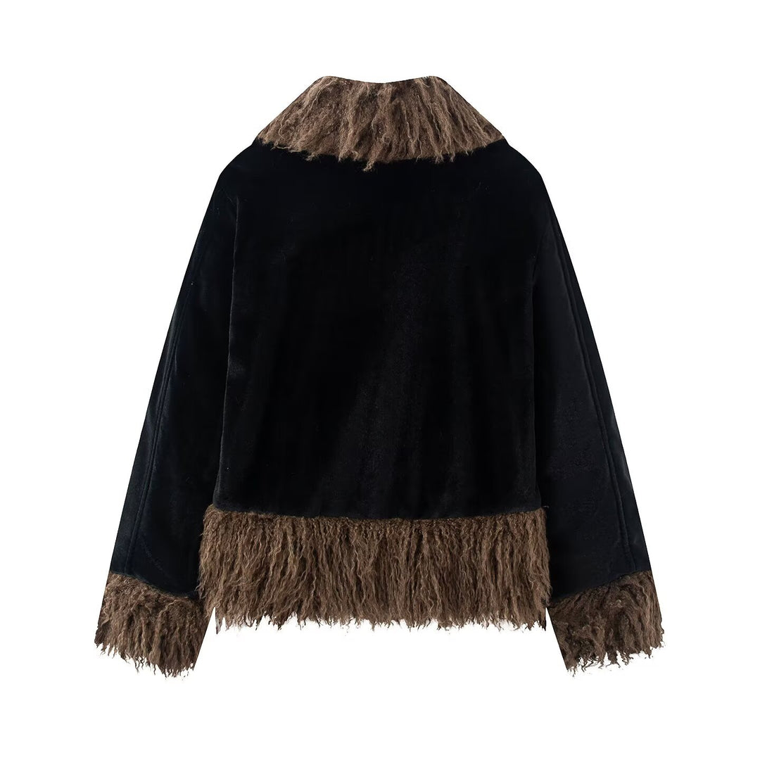 Damen Kurzjacke mit Faux‑Fellbesatz, Samtoptik und Fransenabschluss Echo Archiv