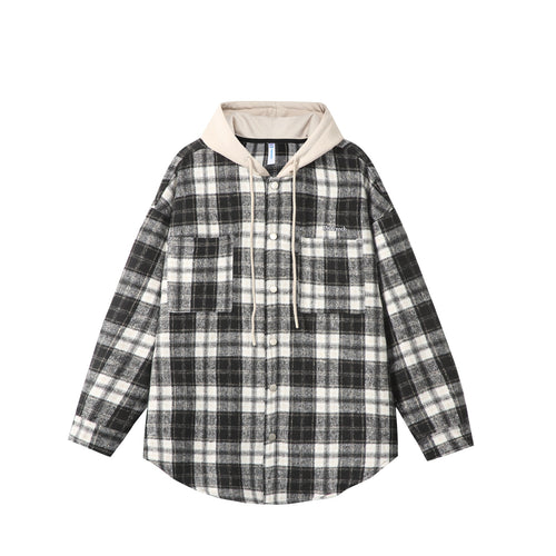 Unisex Oversized Karo-Hemdjacke mit Kapuze, Druckknöpfen und Brusttasche Echoarchiv