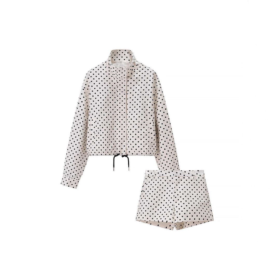 Damen Gepunktetes Satin-Loungewear-Set mit Oversize-Blazer und Kordel-Shorts Echo Archiv