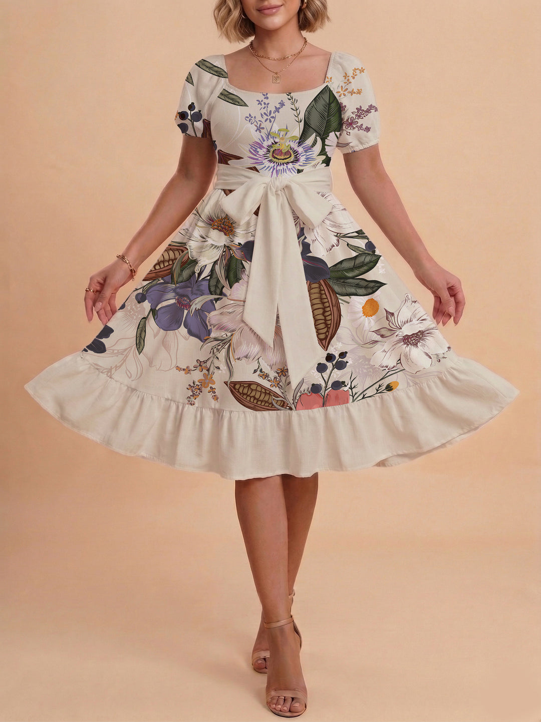 Damen Sommerliches Blumenkleid mit taillierbarem Gürtel und voluminösen Ärmeln Echo Archiv