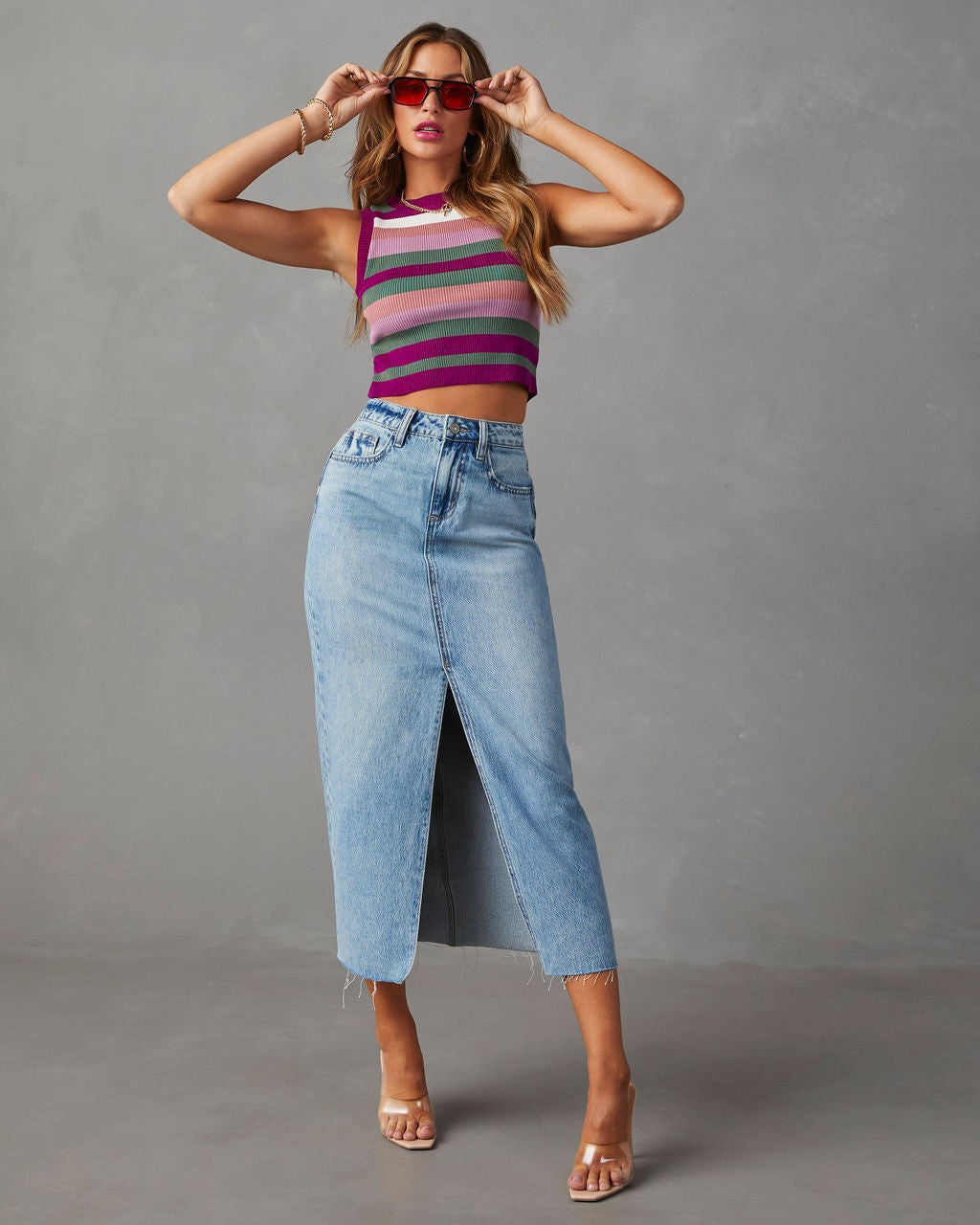 Damen nan hochgeschnittener Midi-Jeansrock mit mittigem Frontschlitz und rohem Saum Echo Archiv