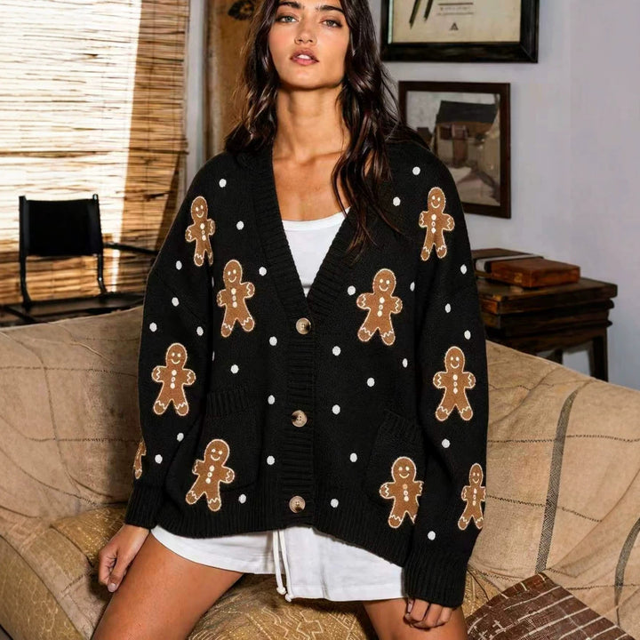 Damen nan oversized Strickcardigan mit Lebkuchenstickerei und tiefem V-Ausschnitt Echo Archiv