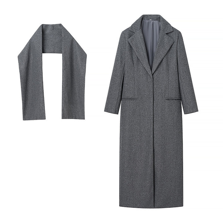 Damen Maxilanger Wollmix-Mantel mit integriertem Loop-Schal und cleanem Revers Echo Archiv
