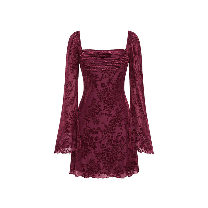 Damen Samt-Minikleid mit quadratischem Ausschnitt, gerafftem Bustier und ausgestellten Ärmeln – Élara