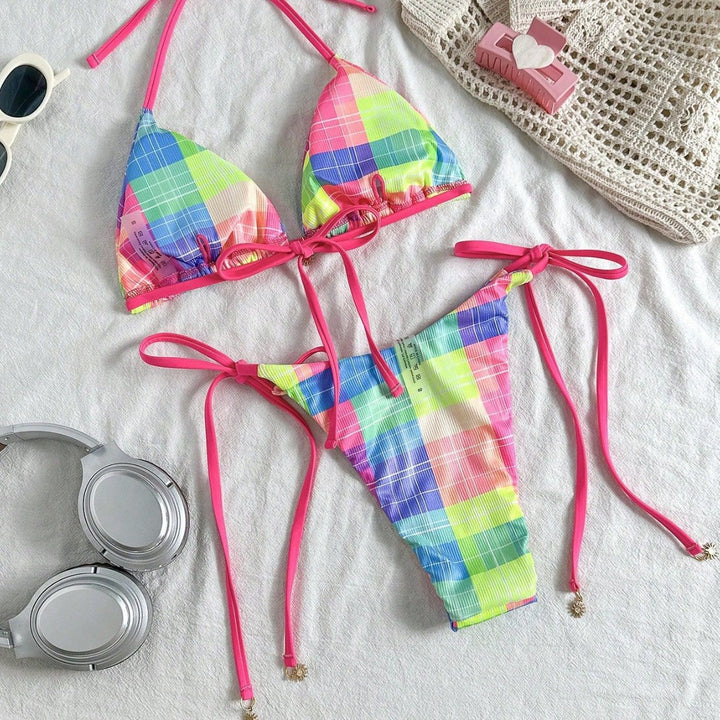 Damen Bunt karierter Triangel-Bikini mit seitlichen Bindebändern Echo Archiv