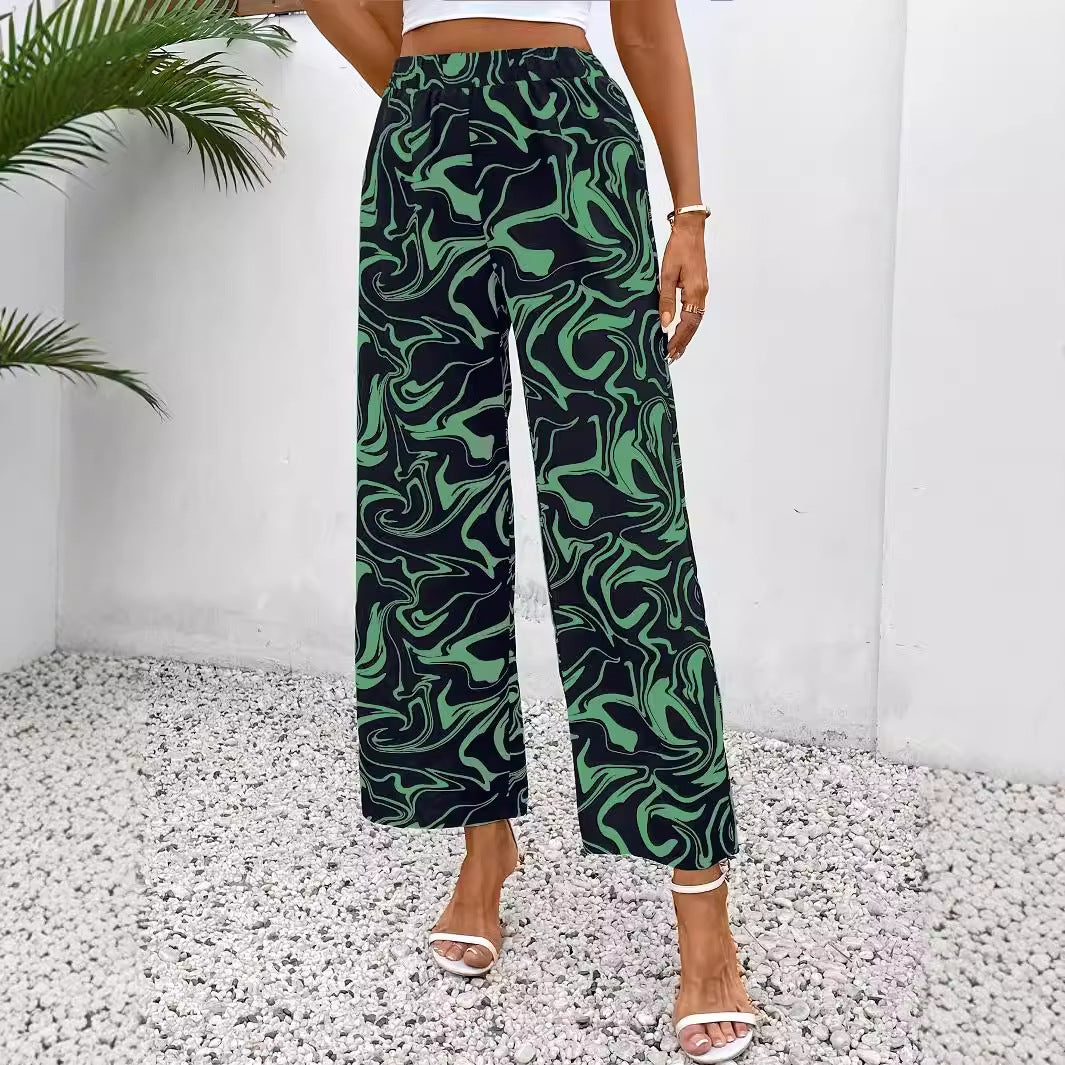 Damen Weite Palazzo-Hose mit Modernem Marmorprint und Elastischem Bund Echoarchiv