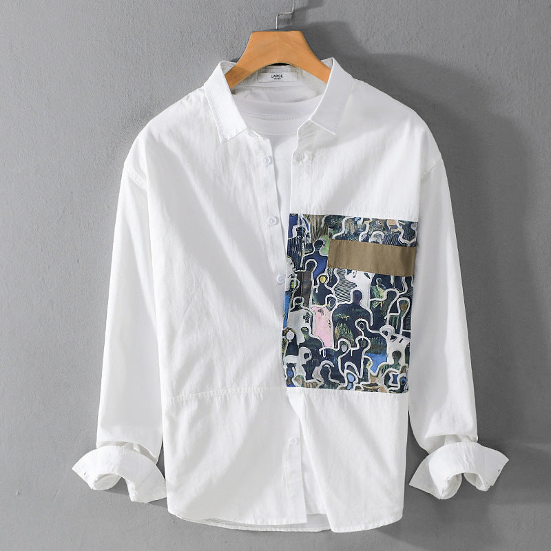 Herren Baumwollhemd mit großem Kunst-Print-Brustpatch und Kentkragen Echoarchiv