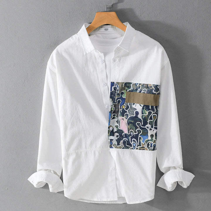 Herren Baumwollhemd mit großem Kunst-Print-Brustpatch und Kentkragen Echoarchiv