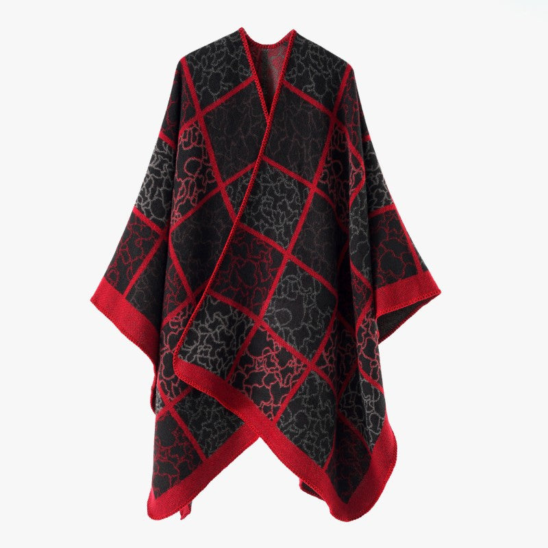 Damen Cape‑Überwurf aus Wollmix mit grafischem Karo‑Jacquard und offener Kimono‑Silhouette – Montévia