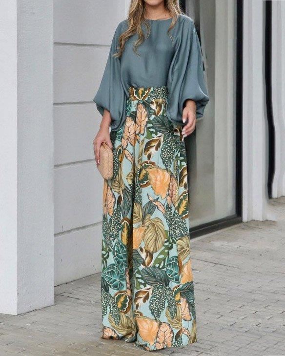 Damen Zweiteiler-Set aus Bluse mit Ballonärmeln und High-Waist Palazzo-Hose – Élanora