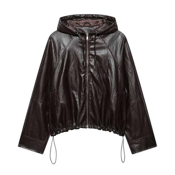 Damen kurze Kapuzen‑Lederoptikjacke mit Tunnelzug Raglanärmeln und Reißverschluss Echo Archiv