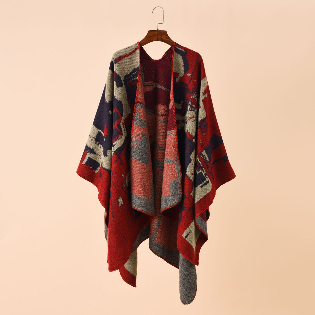 Damen Oversize-Umhangruana aus Wollmix mit abstraktem Jacquard und Zierstichkante – Célinea