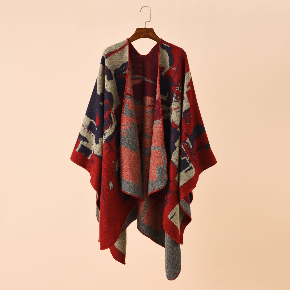 Damen Oversize-Umhangruana aus Wollmix mit abstraktem Jacquard und Zierstichkante – Célinea