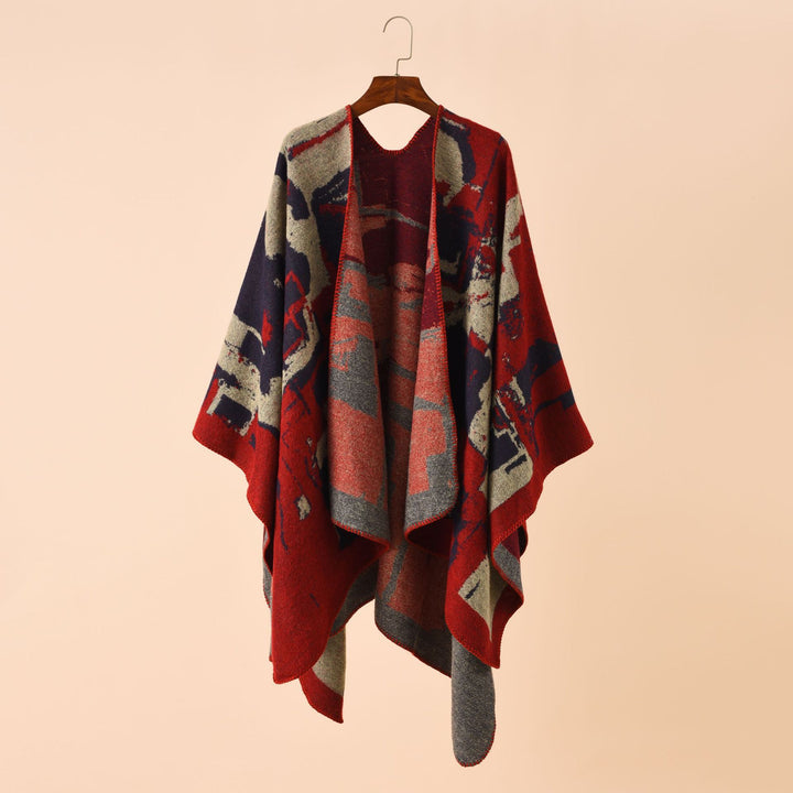 Damen Oversize-Umhangruana aus Wollmix mit abstraktem Jacquard und Zierstichkante – Célinea