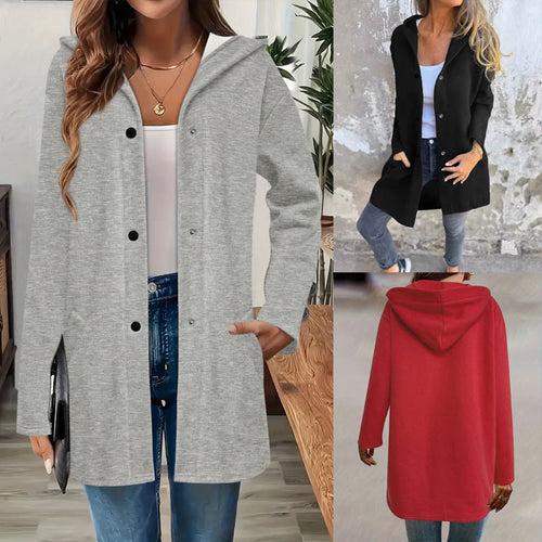 Damen Langer Kapuzenmantel aus weichem Sweat mit Druckknopfverschluss und seitlichen Eingrifftaschen – Célinea
