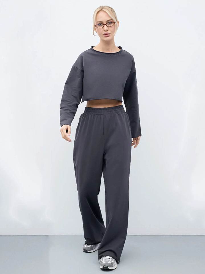Damen Kurzgeschnittenes Sweatshirt und High-Waist Relax-Jogginghose Set – Avérine