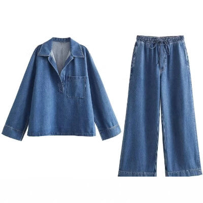 Damen 200+ Oversize Denim‑Hemdbluse mit V‑Ausschnitt und Brusttasche Echo Archiv