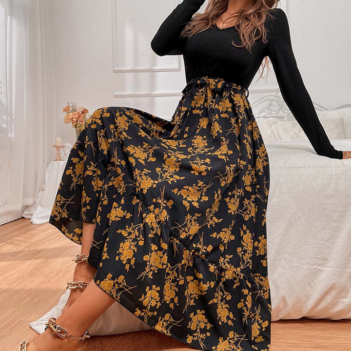 Damen figurbetontes V-Neck-Longsleeve Oberteil mit voluminösem Midi-Rock im floralem Wickelstil – Élara