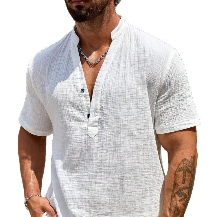 Herren Kurzarm Henley Hemd mit modernem Stehkragen aus leichtem Baumwollmaterial Echoarchiv