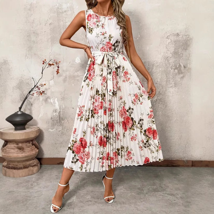 Damen Plisseekleid mit floralem Muster und Gürtel Echoarchiv