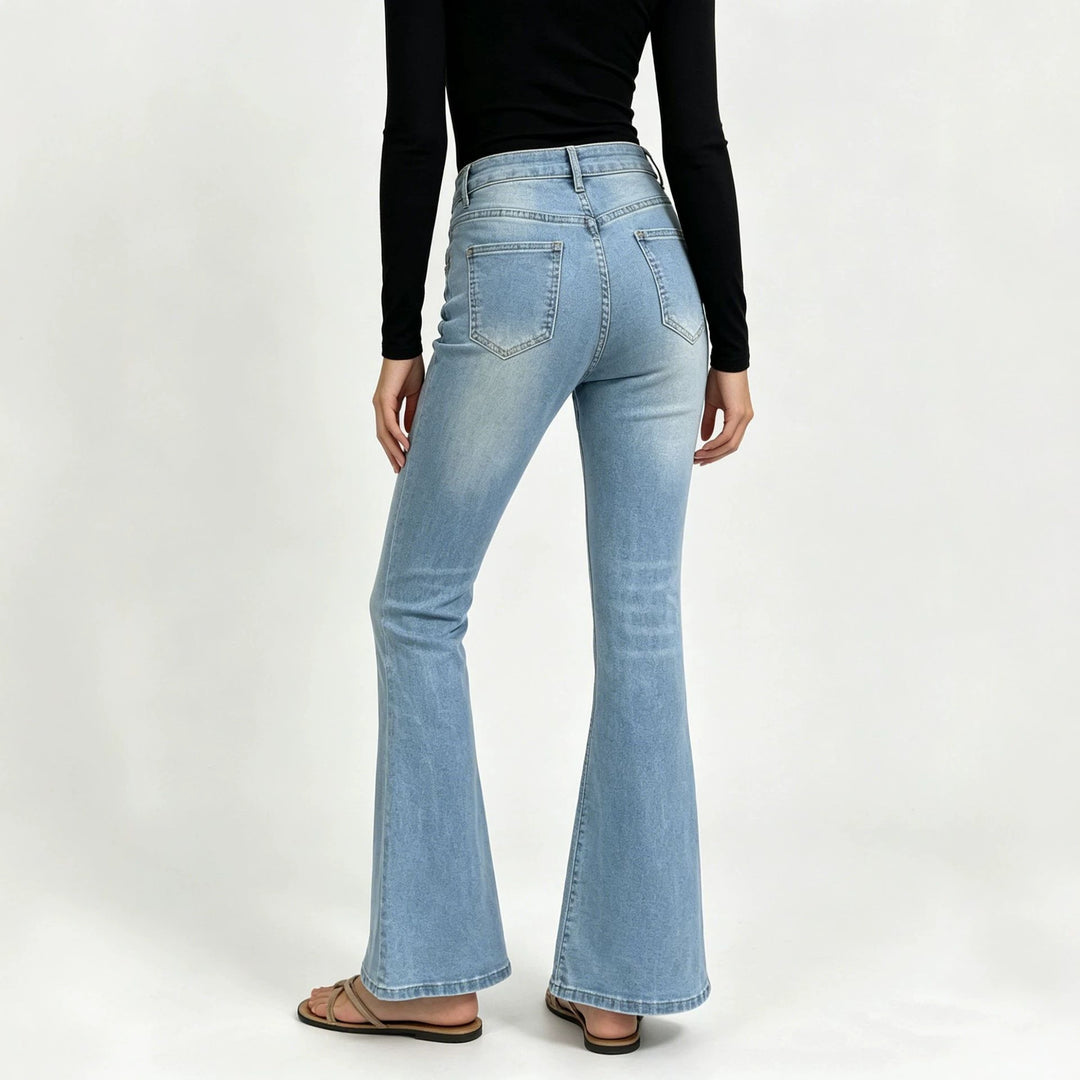 Damen nan hochgeschnittene Jeans mit schmaler Hüftpartie und weitem Schlag mit elastischem Bund Echo Archiv