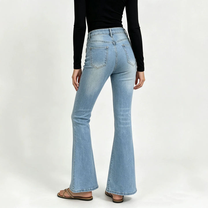 Damen nan hochgeschnittene Jeans mit schmaler Hüftpartie und weitem Schlag mit elastischem Bund Echo Archiv