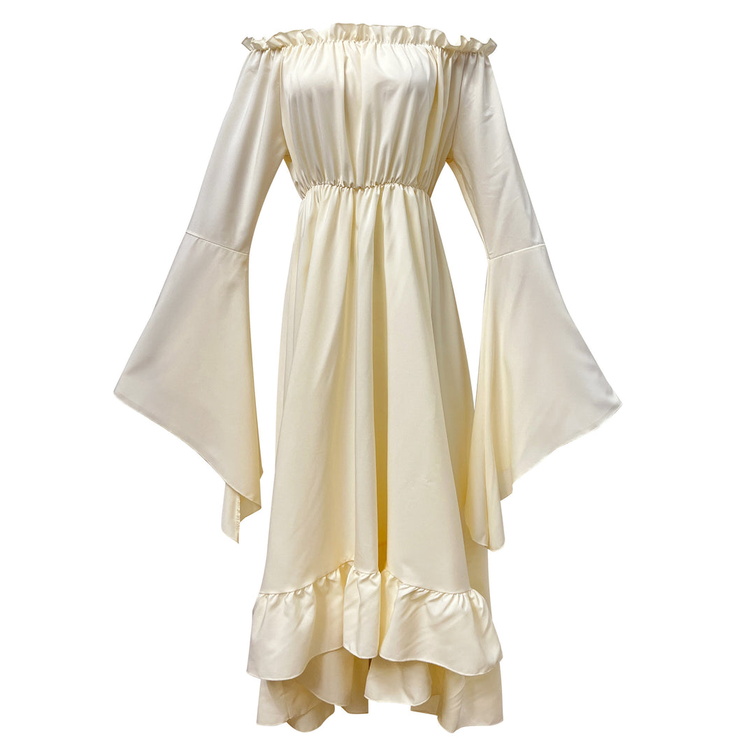 Damen nan schulterfreies Maxikleid mit Volantstufen und weiten Trompetenärmeln Echo Archiv