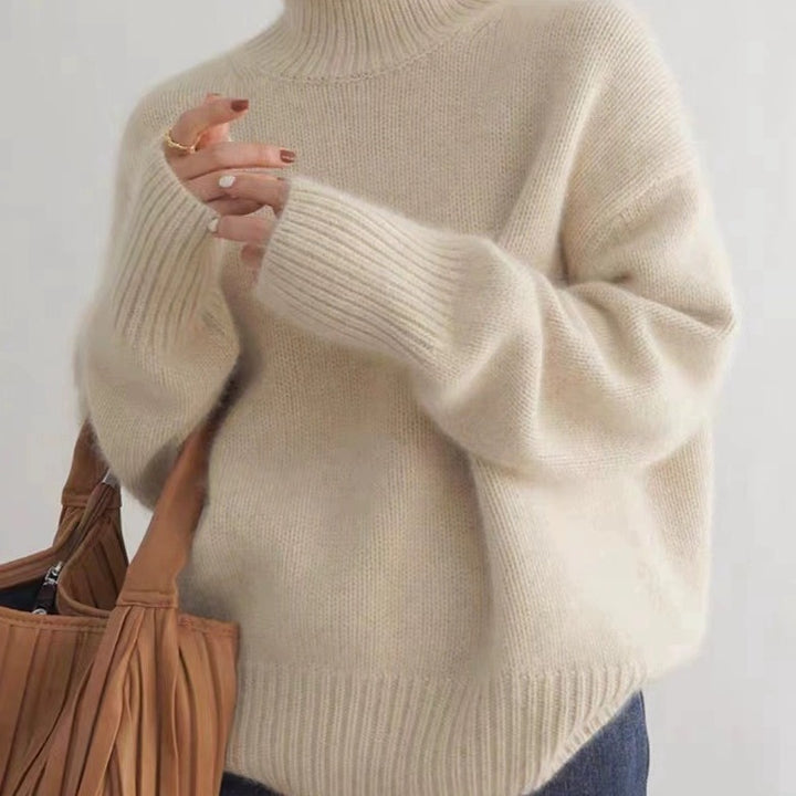 Damen Oversize Feinstrickpullover mit hohem Rollkragen und Seitenschlitzen – Mavelle