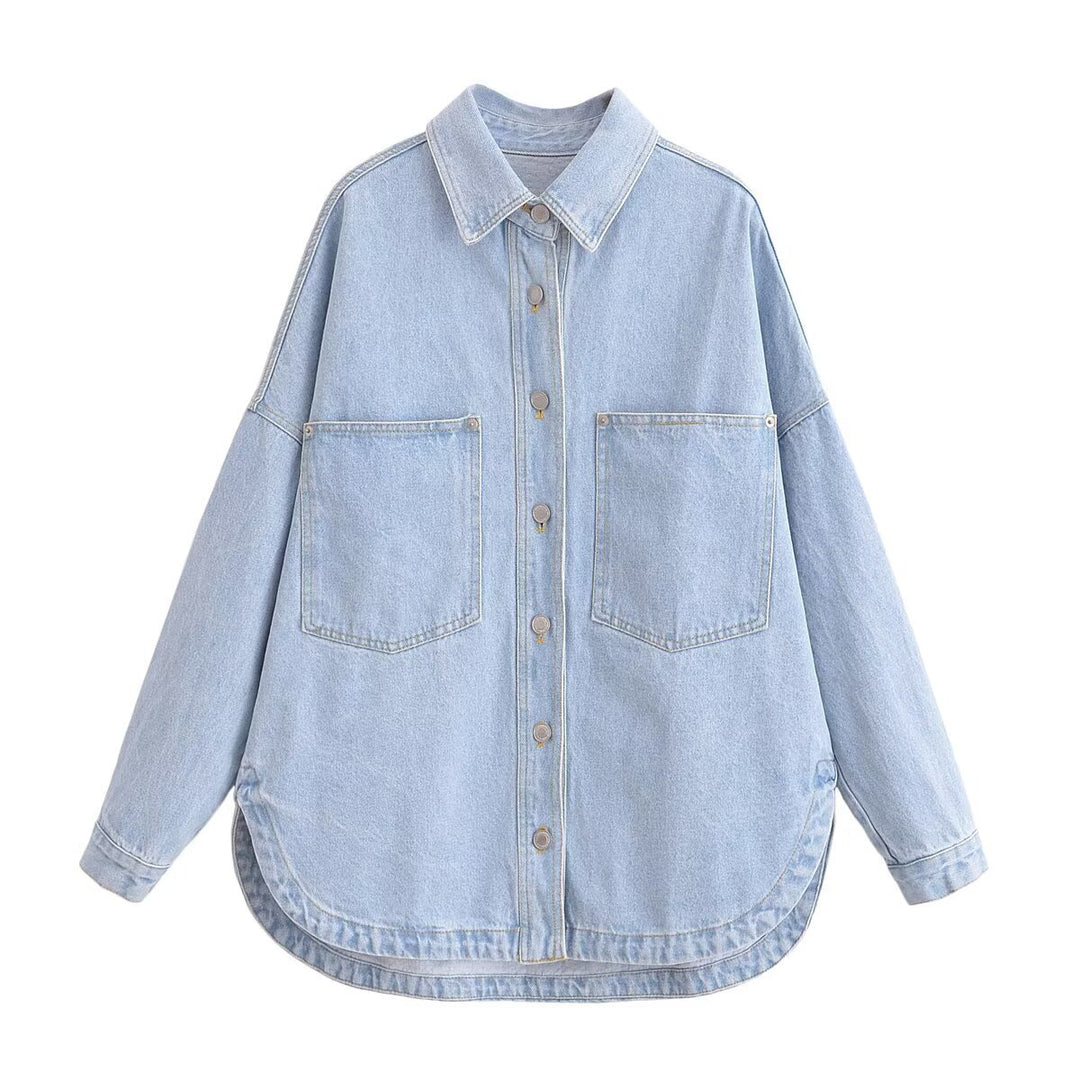Damen nan oversized Jeanshemd mit aufgesetzten Brusttaschen, leichter Baumwoll-Denim und abgerundetem Saum Echo Archiv