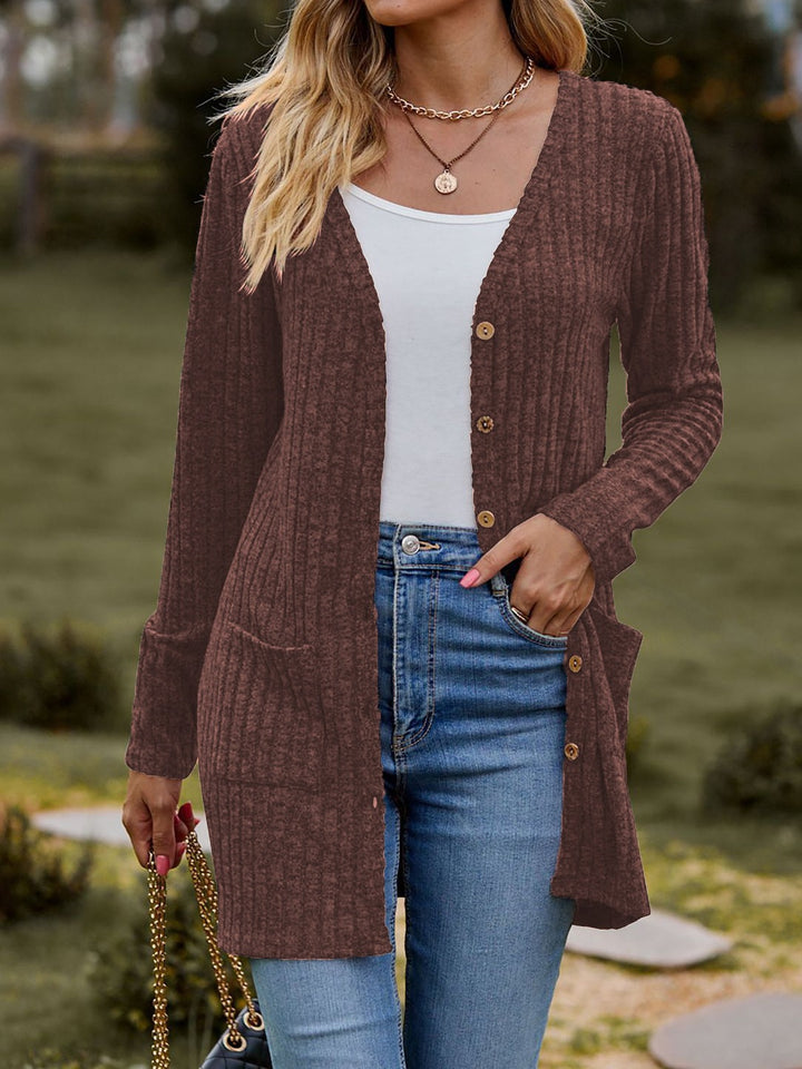Damen nan langer gerippter Strickcardigan mit Eingrifftaschen und Holzknöpfen Echo Archiv