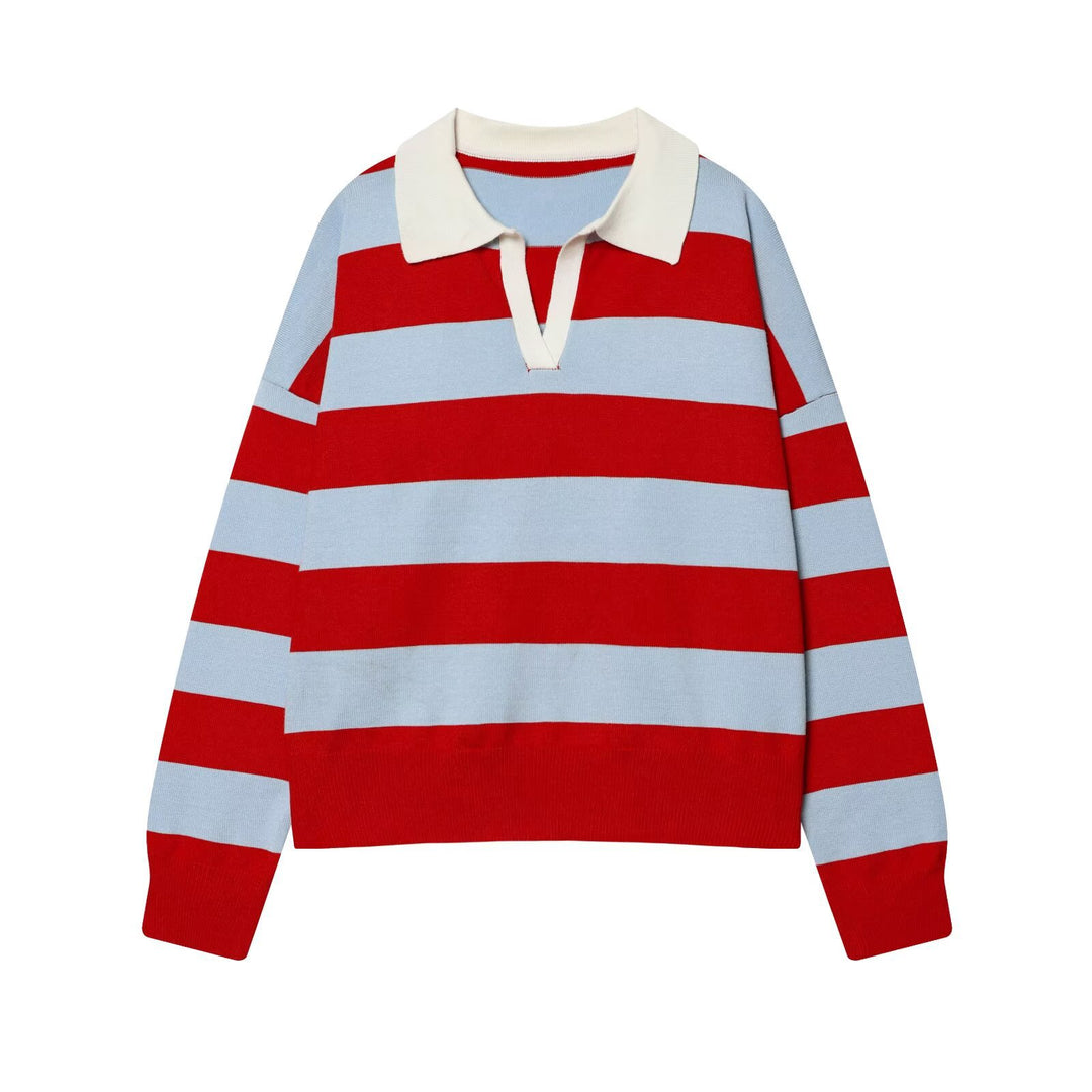 Damen Gestreifter Rugby-Polo-Pullover mit V-Notch und Cropped-Saum Echo Archiv