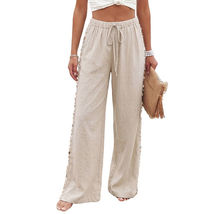 Damen Leichte Leinenhose mit weitem Bein, Kordelzug und geflochtenem Seitendetail Echoarchiv