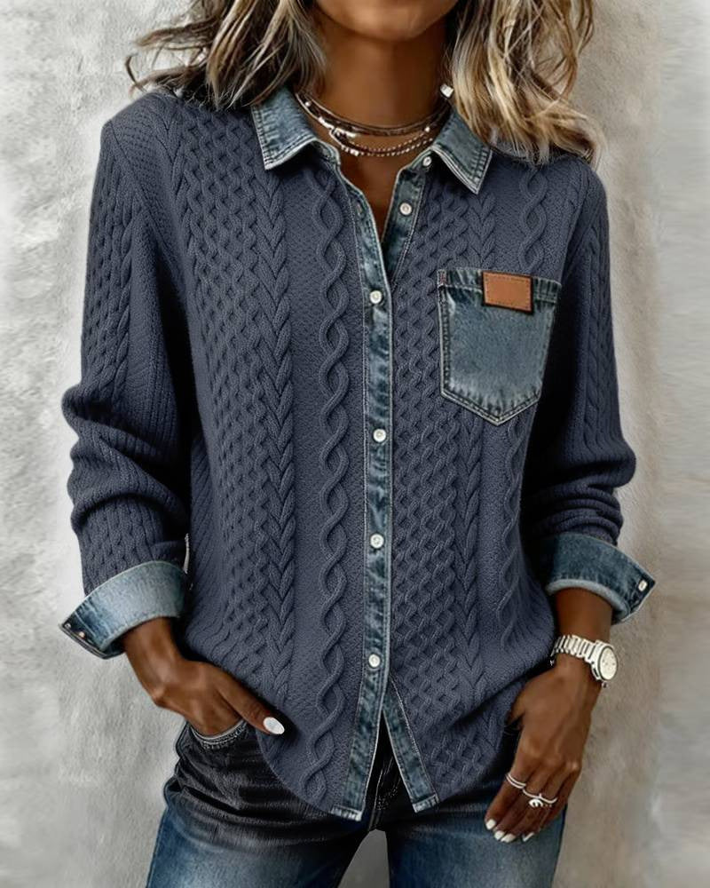 Damen nan geflochtener Strickpullover mit integriertem Jeanskragen und Brusttasche Echo Archiv