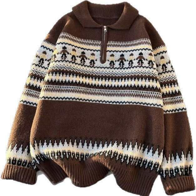Damen Jacquard-Halbzip-Pullover mit Polokragen und Norweger‑Intarsie Echoarchiv