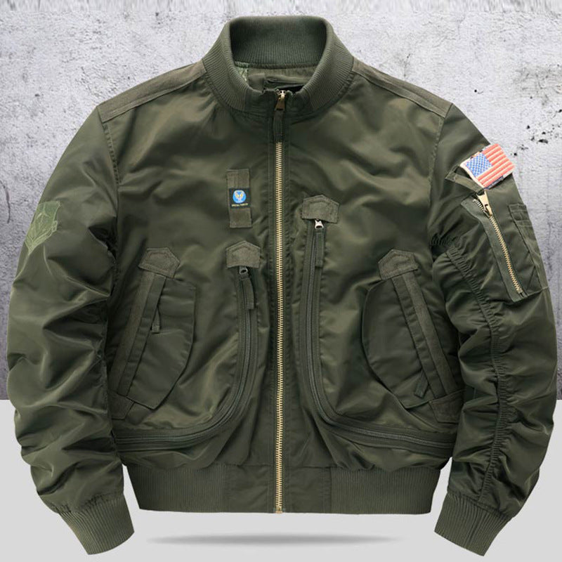 Men's pilot-style cropped utility flight bomber with multi-zip pockets and ribbed collar – Brevano