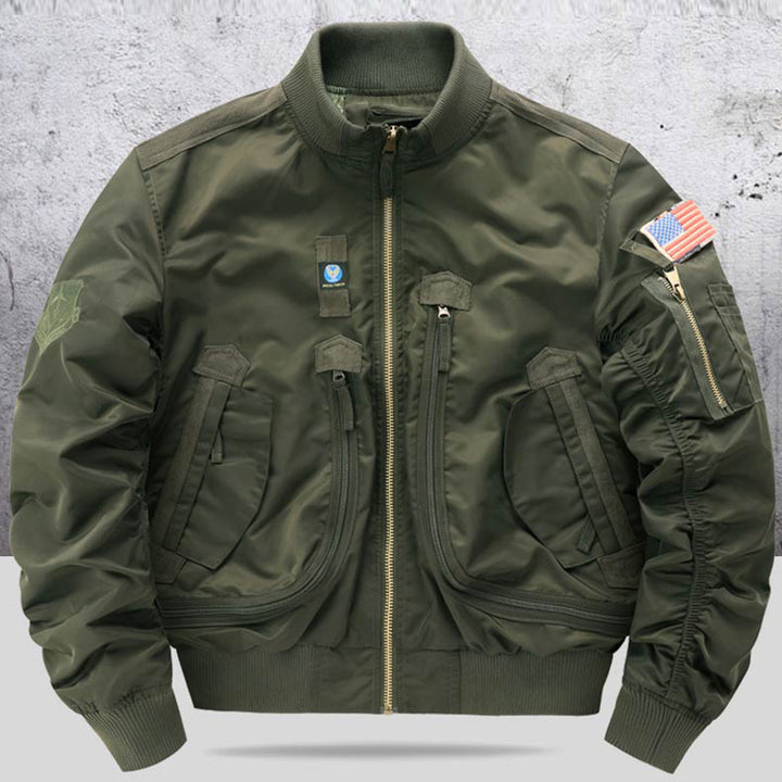 Men's pilot-style cropped utility flight bomber with multi-zip pockets and ribbed collar – Brevano