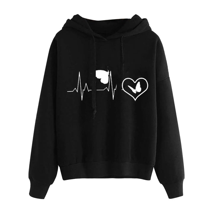 Damen leichter Oversize Kapuzenpullover mit Herz‑EKG‑Motiv, langen Kordeln und elastischem Bund – Auréline