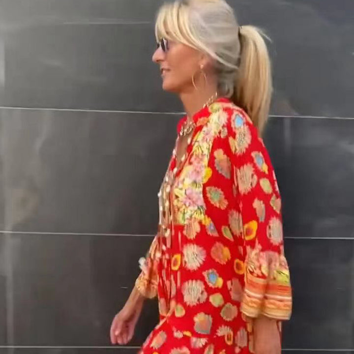 Damen nan luftiges Kaftan‑Midikleid mit folkloreinspiriertem Bordürenprint, V‑Ausschnitt, Quastenbändern und Volantglockenärmeln Echo Archiv