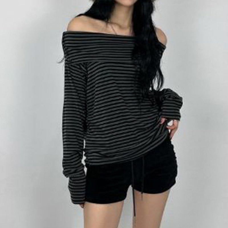 Damen nan schulterfreies Langarmshirt mit Carmen-Ausschnitt, taillierter Passform und feinem Streifenmuster Echo Archiv
