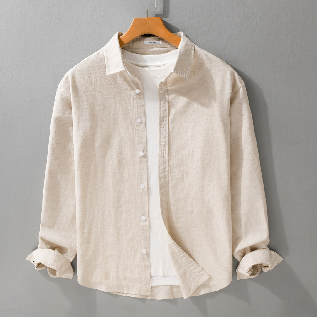 Herren Leinenmix-Layering-Overshirt mit Kentkragen, gerundetem Saum und Soft‑Touch Echoarchiv